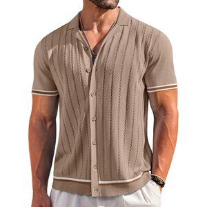 Men's Tan Short Sleeve Knit Shirt Casual Button Down Shirt Vintage Beach Tops